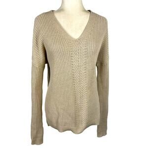 Vince Ribbed Knit Directional V-neck 100% Cotton Pullover Sweater Neutral XS